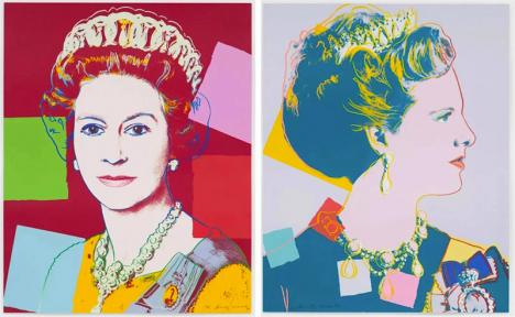 Andy Warhol (1928-1987), La Reine Elizabeth II (gauche) et la Reine Margrethe II du Danemark (droite), série Reigning Queen, 1985, 100x 80 cm, édition signée et numérotée chacune 12/40. Courtesy MPV Gallery © Adagp Paris 2024