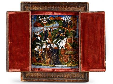 Maître de l'Énéide, Les Bocages fortunés, c. 1525-1530, plaque en émail peint polychrome sur cuivre avec rehauts d'or, 22,5 cm x 19,8 cm © Photo Coutau-Bégarie & associés