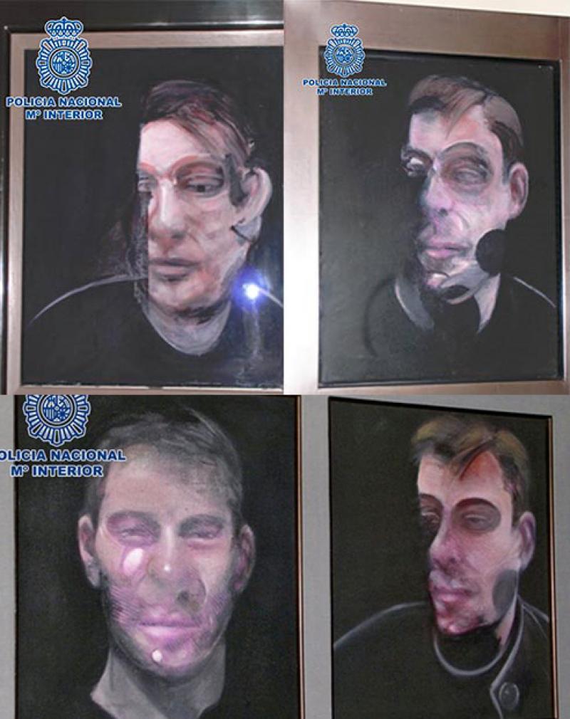 Les 4 autres oeuvres de Francis Bacon volées en 2015 à Madrid dans l'appartement de José Capelo Blanco. L'autoportrait en haut à gauche n'a pas encore été retrouvé. © Photo Policía Nacional © Adagp Paris 2024