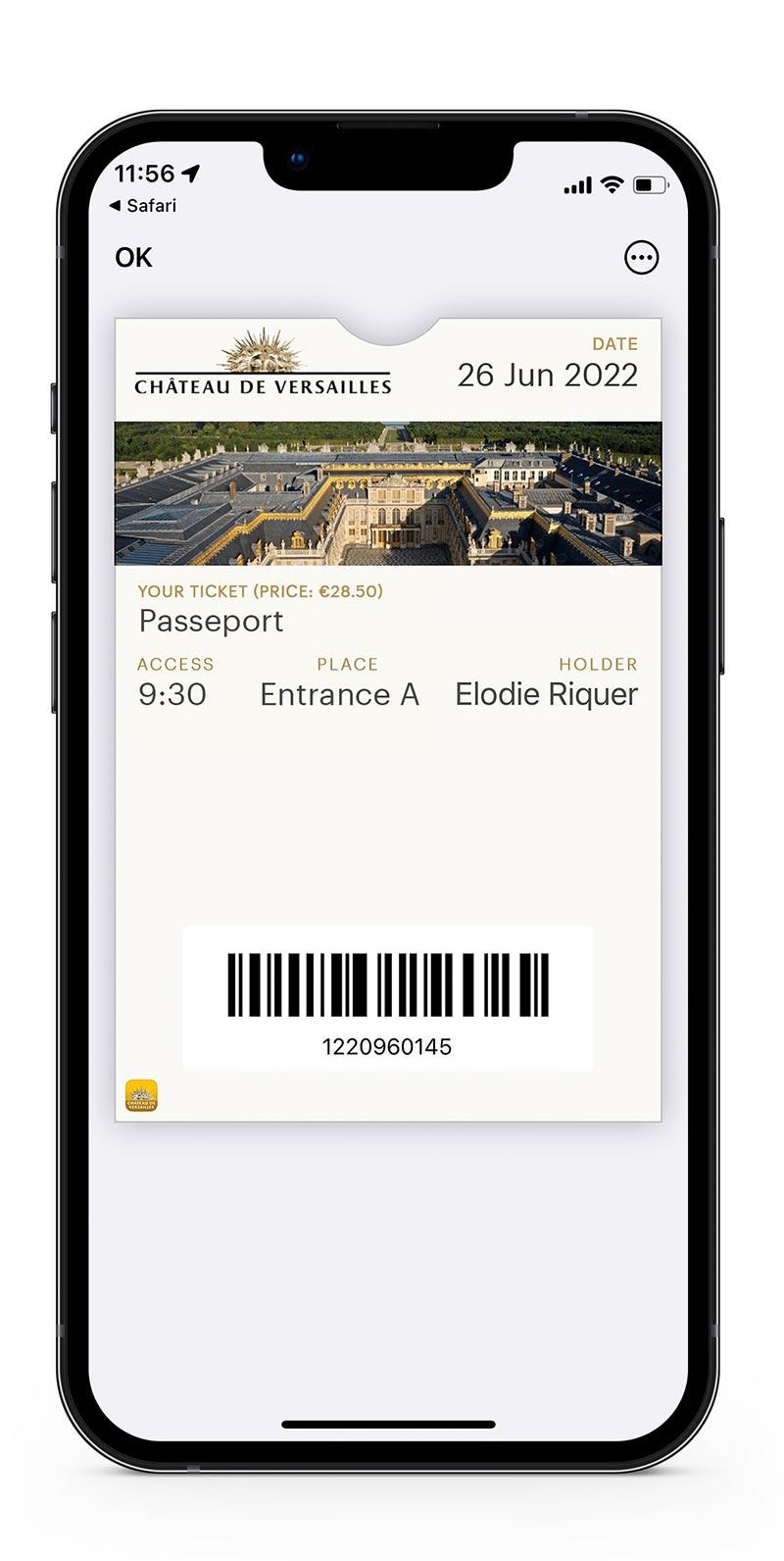 Billet dématérialisé sur smartphone pour accéder au château de Versailles. © Château de Versailles.