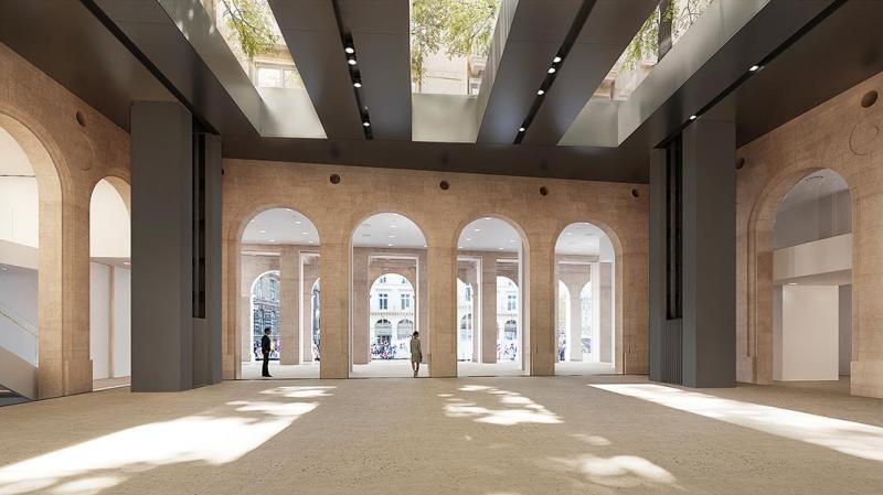 Vue des futurs espaces de la Fondation Cartier pour l’art contemporain, place du Palais-Royal, Paris. Rendering de la plateforme 1 donnant vue sur la place du Palais-Royal. © Jean Nouvel © ADAGP, Paris, 2024