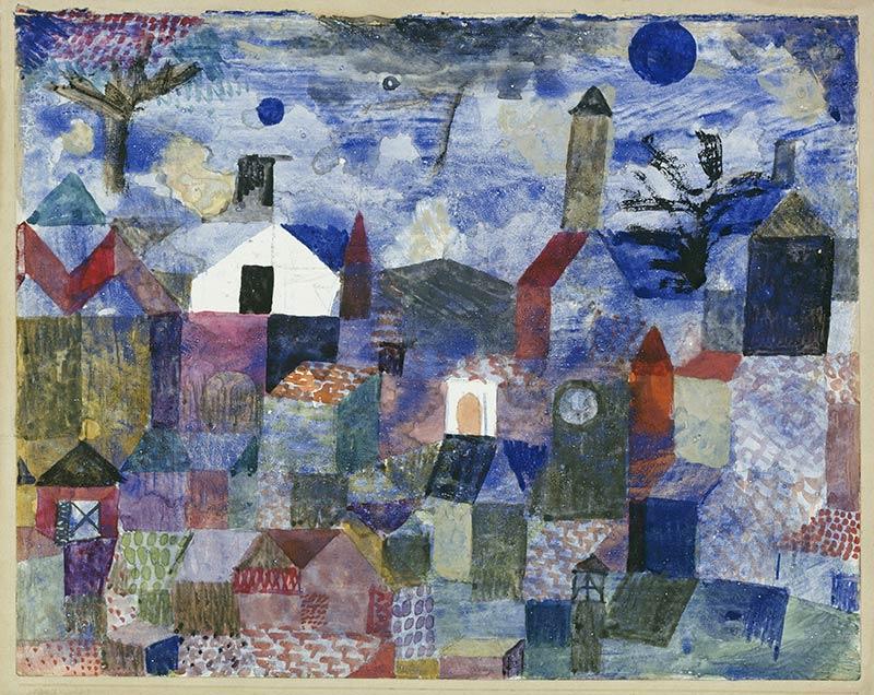 Paul Klee (1879-1940), Paysage en bleu, 1917, aquarelle, crayon, stylo et encre sur papier apprêté sur carton, 18,3 × 24,5 cm, prêt de la famille Berggruen © Bpk / Nationalgalerie, SMB, Museum Berggruen / Jens Ziehe