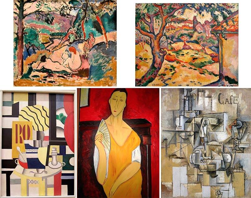 les 5 tableaux volés au Musée d'art moderne de Paris en 2010 : « La Pastorale » d’Henri Matisse, « L’olivier près de l’Estaque » de Georges Braque, « Nature morte au chandelier » de Fernand Léger,  « La femme à l’éventail » d’Amadéo Modigliani et « Le pigeon aux petits pois » de Pablo Picasso.