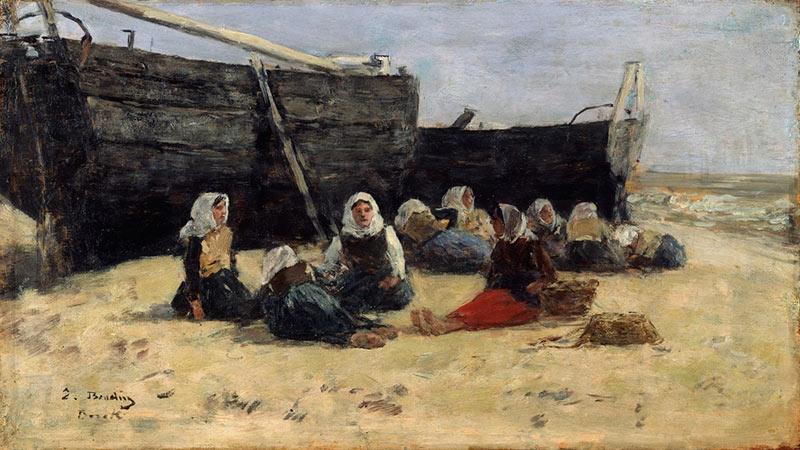 Eugène Boudin (1824-1898), Femmes de pécheurs sur la plage de Berck, 1875-1878, huile sur toile, 16 x 28 cm. © Langmatt Museum